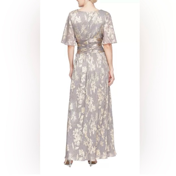 SLNY Fashions Mauve Gold Foil Floral A-Line Gown Faux Wrap Flutter Sleeve Dress - Picture 2 of 7